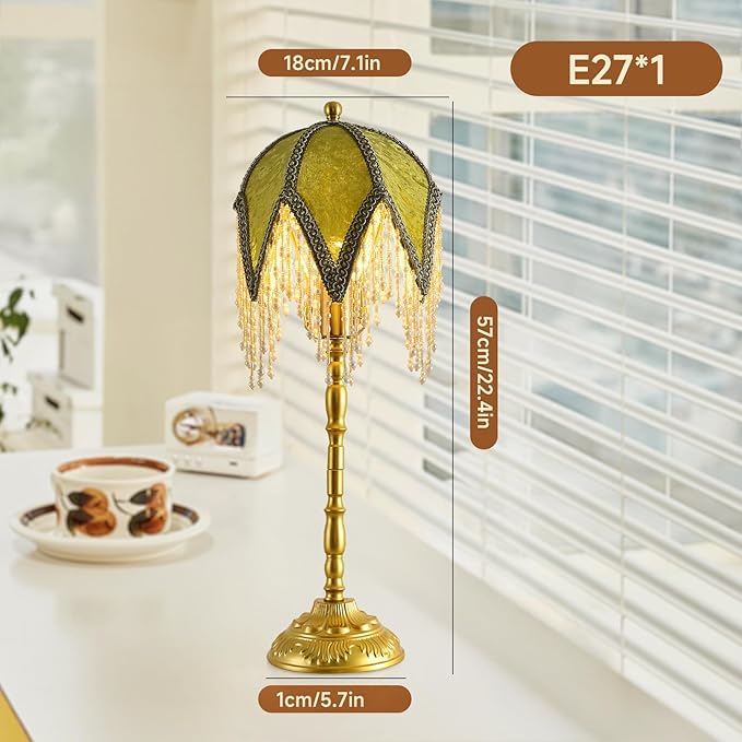 Vintage Tasselled Table Lamp with Beaded Shade, 3 Color Temperatures, Green and Gold, Victorian Style-C
