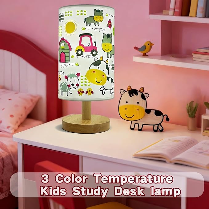 Kids Night Light with 3 Color Temperatures - Animals Desk Lamp for Nursery & Toddler Rooms, Boho Wood Base Bedroom Lamp, Safe Gift for Boys, Girls, Baby & Kids Playroom