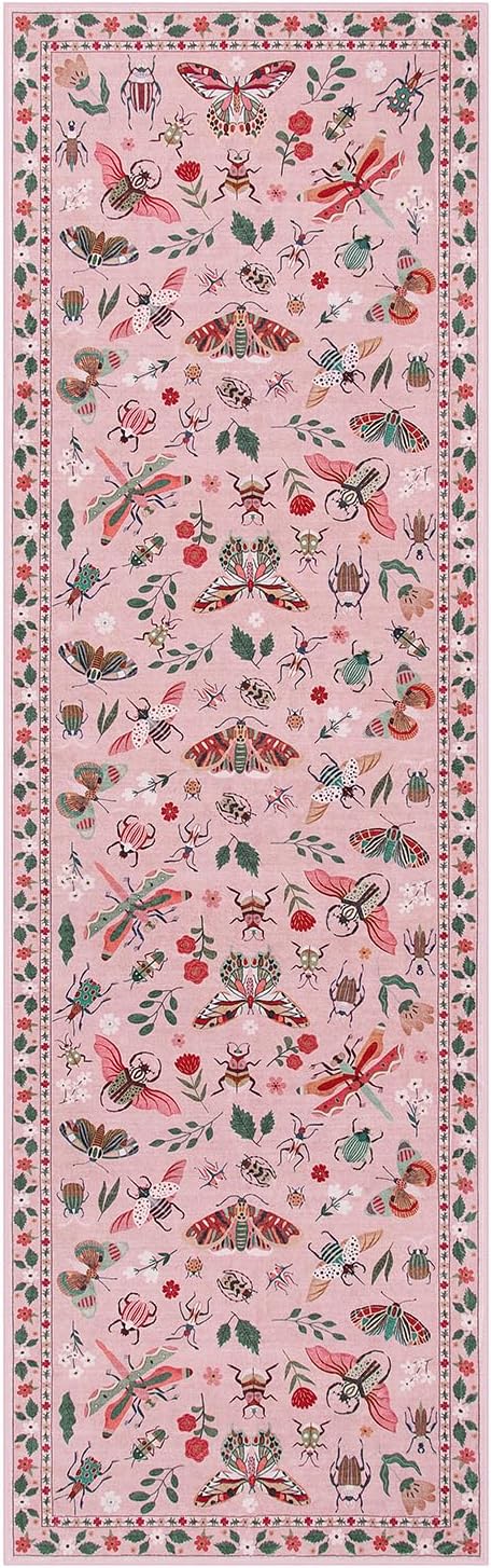 Lahome Insect Hallway Runner Rug, 2'5''x8' Ultra-Thin Washable Runners for Hallways Kitchen, Soft Laundry Room Rug Non-Slip Long Carpet for Entryway Bedroom Bathroom Vionnet, Pink