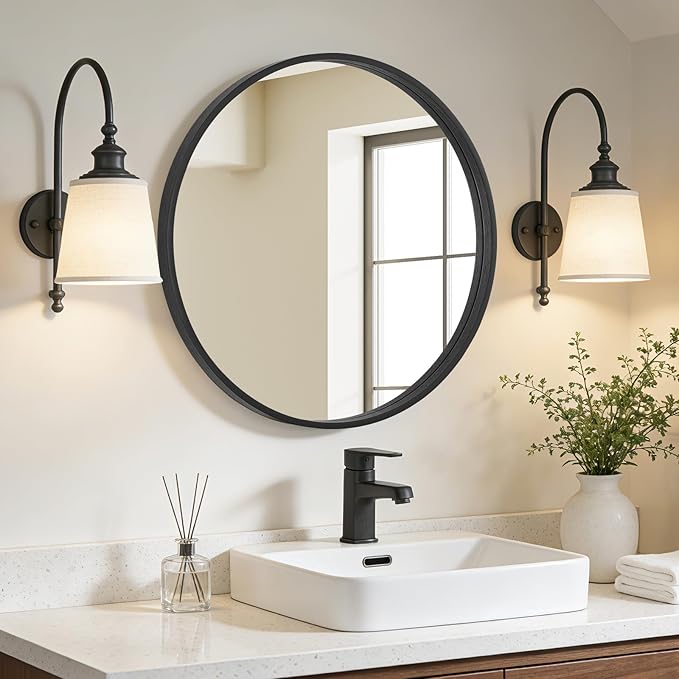 WallBeyond Black Round Wood Mirror 24 inch Circle Wall Mirror for Bathroom Round Wall Mirror for Wall Decor, Vanity, Entryway Living Room