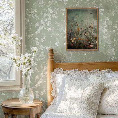 Vintage Wildflower Wall Art, Green Flower Wall Decor Painting, Hand Drawn Sandstone 3D Textured Farmhouse Botanical Nature Landscape Artwork for Living Room Bedroom 16x24 inch Wood Framed