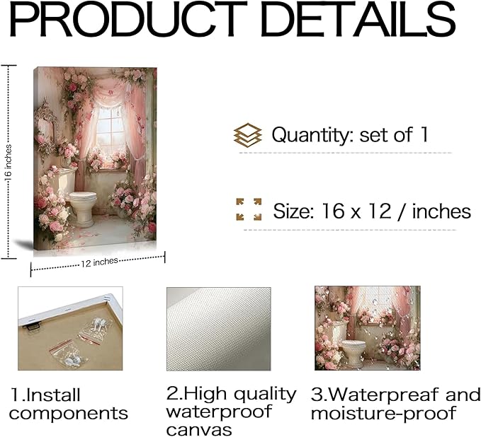 Frimeeme Romantic Rose Garden Toilet Decor,Pink Floral Bathroom Canvas Wall Art, Modern Landscape Prints for Bathroom Restroom Home Decoration((12x16 in Canvas), 12x16 Inch