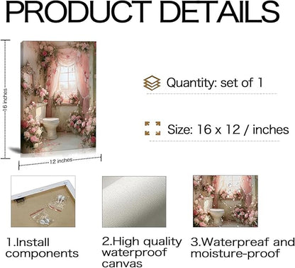Frimeeme Romantic Rose Garden Toilet Decor,Pink Floral Bathroom Canvas Wall Art, Modern Landscape Prints for Bathroom Restroom Home Decoration((12x16 in Canvas), 12x16 Inch