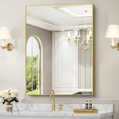 COFENY 30x40In Gold Bathroom Mirror for Wall, Brushed Gold Rectangle Mirrors with Metal Frame, Bathroom Rectangular Mirror Modern Wall Mirror for Bedroom Living Room, Hangs Horizontal or Vertical