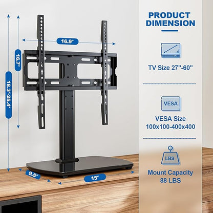 Universal TV Stand for 27-60 Inch TVs with Swivel Mount, Height Adjustable Table Top TV Stand Mount, Heavy Duty Tempered Glass Base, TV Pedestal Stand Holds up to 88 lbs, VESA 400x400mm