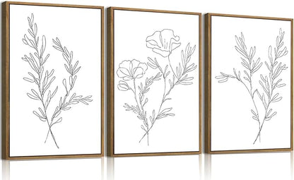 KISSFOX 3 Piece Framed Wall Art Botanical Wall Decor Floral Pictures Wildflower Canvas Art Black White Line Paintings Minimalist Boho Artwork For Bedroom Living Room Bathroom