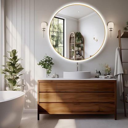 Niccy 44" LED Backlit Round Mirror for Bathroom, Gold Framed Vanity Light Wall Mirror, LED Smart Circle Mirrors with 3 Lighting Colors, Round Lighted Mirror with Anti-Fog, IP65 Waterproof