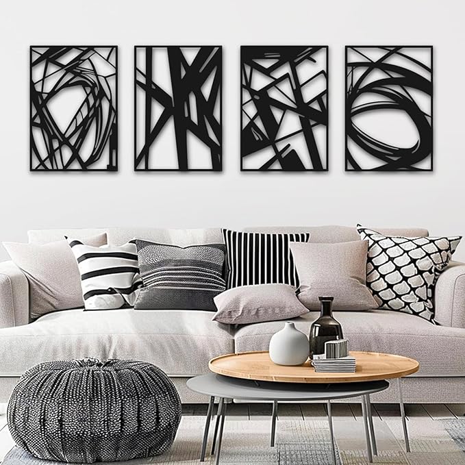Black Abstract Wall Art, Metal Art Wall Decor, Modern Large Wall Art, 3D Abstract Wall Sculptures for Bedroom Bathroom Living Room (4 Pack, 22.5 x 16 in)