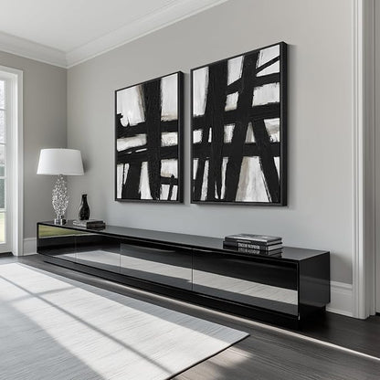 Large Framed Black and White Abstract Wall Art for Living Room, 2 Piece Modern Canvas Prints Wall Paintings Artwork for Walls, Minimalist Black Lines Pictures for Hallway Office Wall Decor 24x36 In