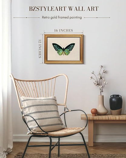 Bzstyleart Vintage Wall Art Decor, Vintage Gold Framed Wall Art, Green Butterfly Frmaed Artwork for Office, Aesthetic Canvas Picture Print, Painting for Bedroom Living Bathroom, 12 x 16 Inch