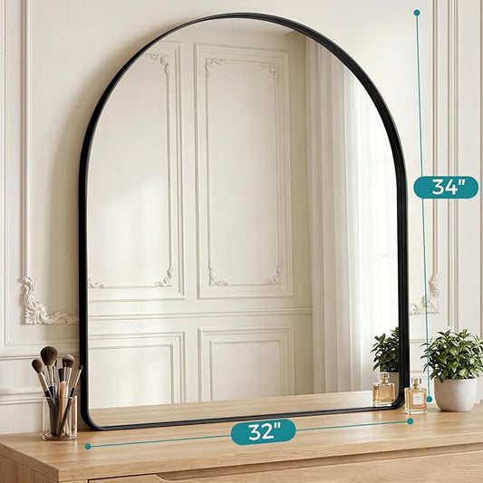 OLIXIS Arched Bathroom Mirror for Over Sink, 34x32 Inch Wall Mirror Arched Rounded Rectangle, Modern Wall Mount Vanity Mirror with Matte Metal Deep Framed, for Home Decor, Living Room, Black