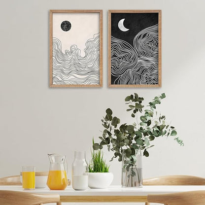 SRSZHIYUE Minimalist Black and White Sun Moon Abstract Sign Boho Wall Decor 24x16 Inch Small 2 Pieces Modern Artwork Painting Century for Bedroom Above Bed Living Room Wall Art HangIing(Wood)