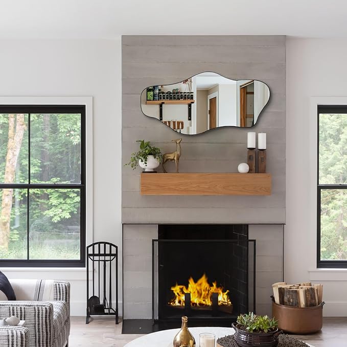 Irregular Frameless Mirror, 35.8"x17.7" Asymmetrical Tempered Glass Mirror, Modern Abstract Wall Mirrors for Living Room Bathroom Bedroom Hallway Entryway, Horizontal or Vertical Hanging