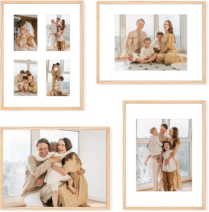 12x16 Picture Frame,OAK Wood Photo Frame 8.5x11 with Mat or 4x6 with 4 Mat with Perspex Glass for Vertical or Horizontal Wall Display for Photo, Christmas Gift,Set of 4