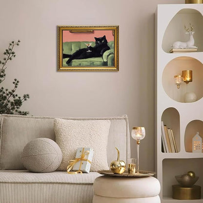 YD&YZY Gold Framed Funny Cat Wall Art Canvas Black Cat Martini Vintage Quirky Humor Bar Cart Wall Decor Cute Animal Painting Picture Print Artwork for Bedroom Living Room Bathroom 12x16 inch Framed