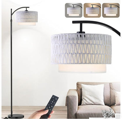 Yusist Arc Floor Lamp for Living Room,Farmhouse Floor Lamps with Remote Control & Dimmable Bulb,White Rattan Boho Tall Standing Lamp for Bedroom Office