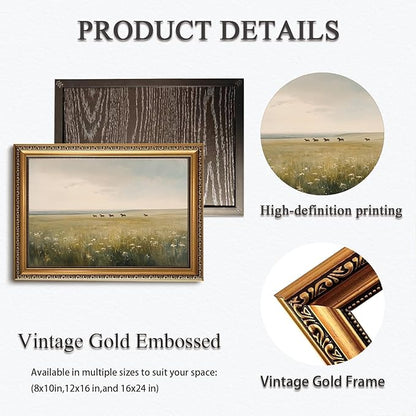 WZGZXU Vintage Gold Framed Wall Art Horse Canvas Art Wild Horses In Field Pictures Wall Decor Farmhouse Prints Country Paintings Landscape Artwork For Living Room Bedroom Gallery 16x24in