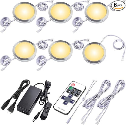 Kitchen Underneath Cabinet LED Puck Light, Hutch Backsplash Back Lighting, 110V Plug in & Hardwired, Wireless RF Remote Control Dimmable, Linkable, White Wires, Warm White 2700K, 6 Lights