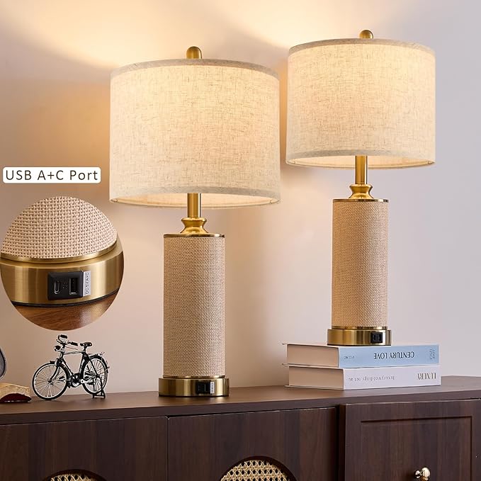 25.5"Boho Weaving Gold Large Table Lamps set of 2, Touch Control 3-Way Dimmable Farmhouse Bedside Lamps with Beige Lamp Shades & USB A+C Charging Ports for Living Room/Bedroom (2 LED Bulbs Included)