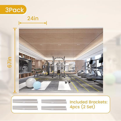 67X24 3Pack Large Home Gym Mirror, Frameless Tempered Glass Dance Wall Mounted Mirror for Home, Yoga, Dancing, Studio, Living Room
