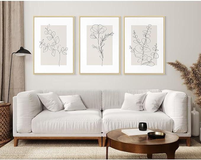 Neutral Botanical Prints Wall Art Flower Minimalist Canvas Wall Decor Vintage Line Wall Art Floral Plant Painting Pictures Beige Boho Artwork Farmhouse Poster for Bedroom 12x16 Inch Framed Set of 3