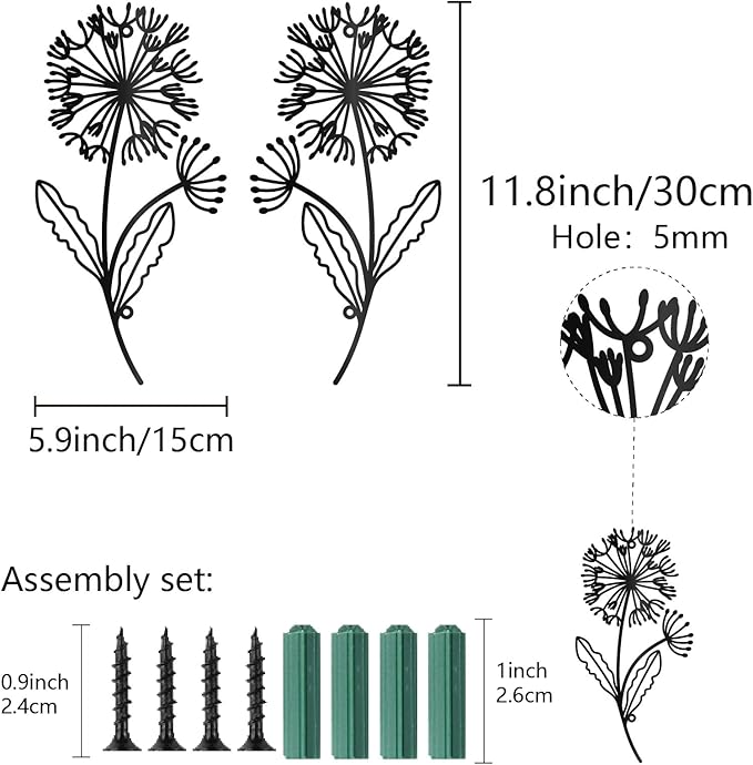 CREATCABIN Dandelion Metal Wall Art Iron Flower Wall Decor Hanging Black Hollow Out Symmetry Silhouette Ornament Iron Sign for Yoga Studio Indoor Outdoor Home Office Decoration Gift Black 11.8x6Inch