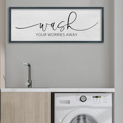 FZMHASLWW Funny Laundry Room Bathroom Wall Decor Wash Your Worries Away Sign 40"×15" Inspirational Quote Art for above the Bathtub Restroom Large Minimalist Wood Framed Hanging Plaqu (Black)