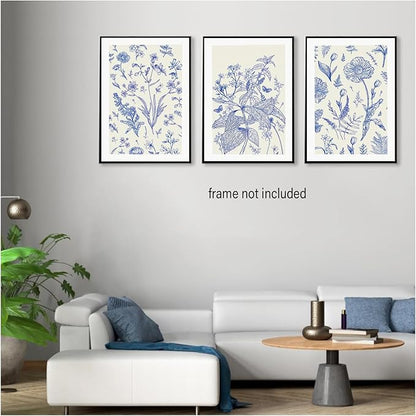 LYPHNX Blue White Chinoiserie Floral Poster Wall Art Navy Watercolor Flower Canva Painting Set of 3 Minimalist Botanical Wildflower Prints Picture Home Decor for Bedroom Living room 12"x16" UnFramed
