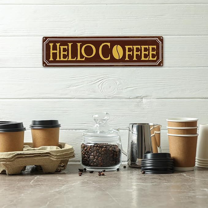 Hello Coffee Signs, Retro Metal Tin Sign, Home Kitchen Wall Decor, Farmhouse Decorations for Cafe, Coffee Station Decors, Decorative Metal Wall Signs 15.8x4 Inches