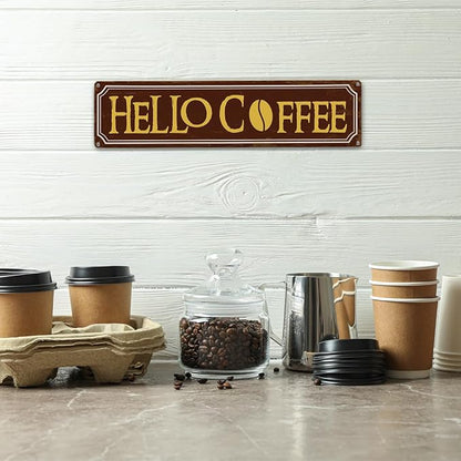 Hello Coffee Signs, Retro Metal Tin Sign, Home Kitchen Wall Decor, Farmhouse Decorations for Cafe, Coffee Station Decors, Decorative Metal Wall Signs 15.8x4 Inches