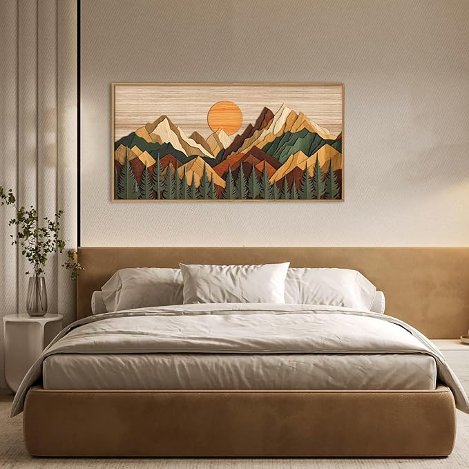 Celestdeco Large Woodcut Style Mountain Framed Canvas Wall Art Set,Woodsy Rustic Ridge Wall Decor,Boho Pine Tree Forest Wall Painting,Abstract Sunrise Wooden Art Print for Living Room,Bedroom,Office-20"X40"(Not-3D Effect)