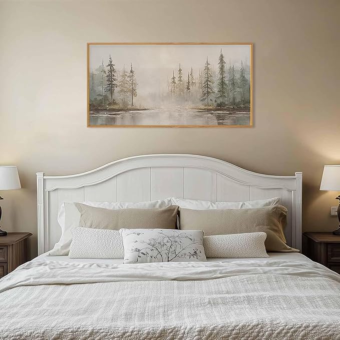 HPNIUB Modern Misty Pine Tree Framed Wall Art Set,Neutral Abstract Landscape Wall Decor,Nature Foggy Forest Art Print, Beige Rustic Farmhouse Artwork for Living Room, Bedroom,Office- 20"x40"