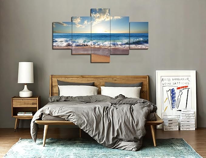 Modern Landscape Painting on Canvas 5 Panels Blue Sky Beach Ocean Pictures Wall Art for Living Room Home Decor Wooden Framed Stretched Ready to Hang (60" W x 40" H)
