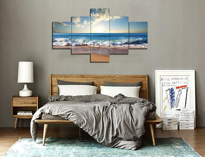 Modern Landscape Painting on Canvas 5 Panels Blue Sky Beach Ocean Pictures Wall Art for Living Room Home Decor Wooden Framed Stretched Ready to Hang (60" W x 40" H)