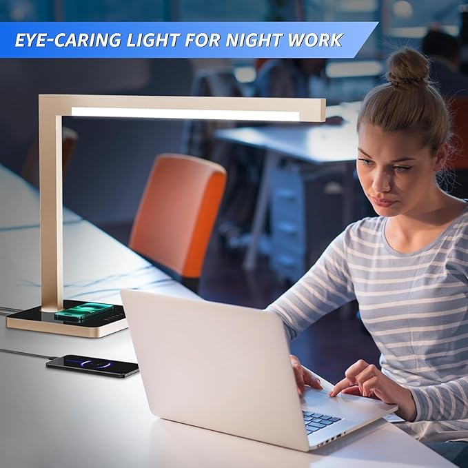 2 Pack Aluminum LED Desk Lamp with Charging Station, Large 15W Table Lamp with Type-C Ports & 4 CCT Modes(3000K-6000K), Dimmable Desk Light for Home Office,Bedroom (Includes Adapter)