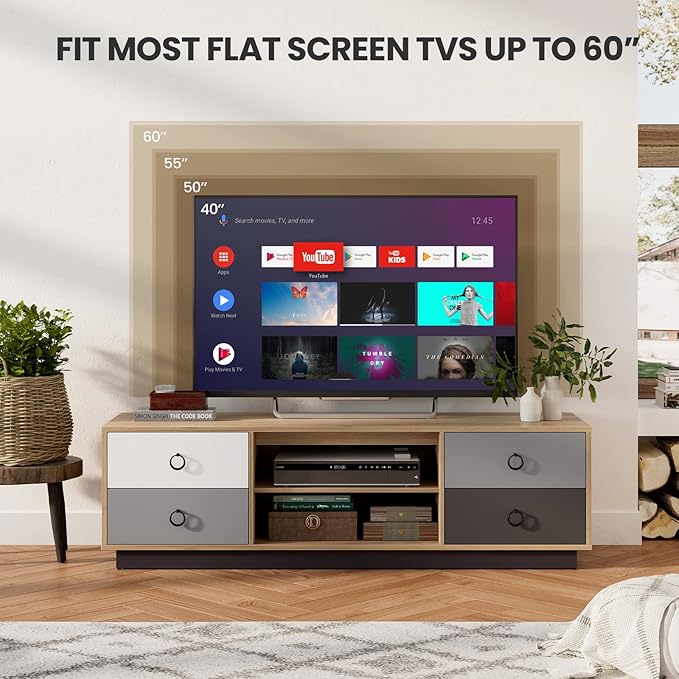 Tangkula Modern TV Stand for up to 60” TVs, 55”L Minimalist Entertainment Center w/ 2 Doors & Open Shelves, 2 Cable Holes, Media Console Table Storage Cabinet for Living Room (Natural, 55”L)