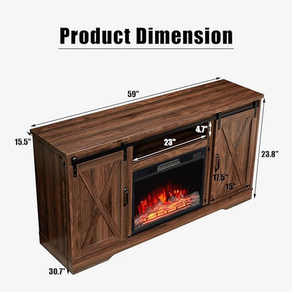 AMERLIFE 59" Fireplace TV Stand for TVs up to 65", Farmhouse Entertainment Center with Sliding Barn Doors, Storage Cabinets and Adjustable Shelves, Dark Walnut