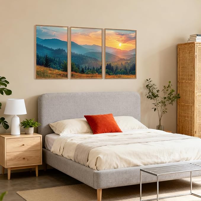 Aurlan Boho Mountain Sunset Landscape Framed Wall Art(24"x36"), 3PCS Green Blue Ridge Grand Teton National Park Canvas Artwork, Abstract Modern Watercolor Nature Forest Scenery Decor for Home Office Bedroom