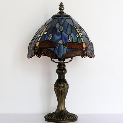 Tiffany Style Lamp Stained Glass Table Lamp 8 x 14.5 Mini Accent Light Blue Dragonfly Design Small Decorative Bedside Reading Memory Lamp