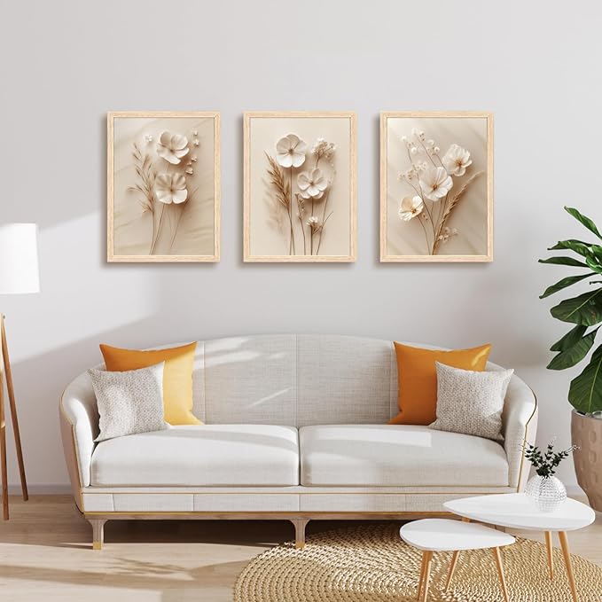 GELDSTEI Neutral Simple Beige Floral Canvas Wall Art, Modern Minimalist Botanical Wall Decor, Vintage Beige Flower Poster Prints for Living Room Bedroom Farmhouse Wood Framed Set of 3, Each 12x16 Inch