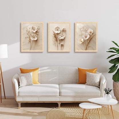 GELDSTEI Neutral Simple Beige Floral Canvas Wall Art, Modern Minimalist Botanical Wall Decor, Vintage Beige Flower Poster Prints for Living Room Bedroom Farmhouse Wood Framed Set of 3, Each 12x16 Inch