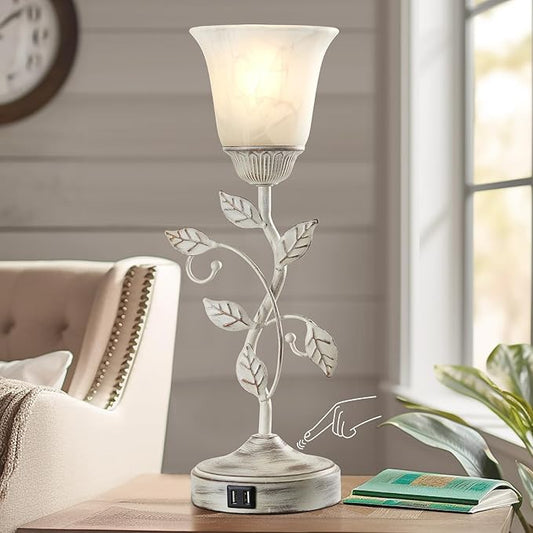 Rustic Touch Table Lamp for Bedroom, 3-Way Dimmable Nightstand Lamp with 2 USB Ports, Retro Vintage White Glass Shade Leaf Desk Lamp for Living Room Entryway, LED Bulb Included