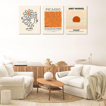 Abstract Wall Art Prints Set of 3, Framed Canvas Wall Art Geometric Line Sunset Artwork Paintings, Minimalist Wall Art for Living Room, Modern Wall Art Decor for Bathroom, Bedroom, Hotel, Office