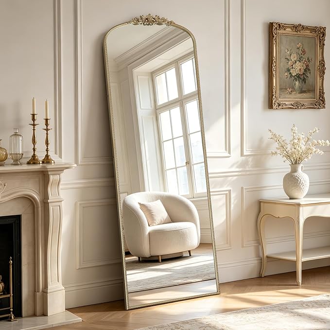 WallBeyond Gold Vintage Full Length Mirror with Stand for Vanity 24x70 Inch, Gold Antique Mirror with Ornate Frame, Arched Vintage for Bathroom, Living Room, Bedroom, Entryway