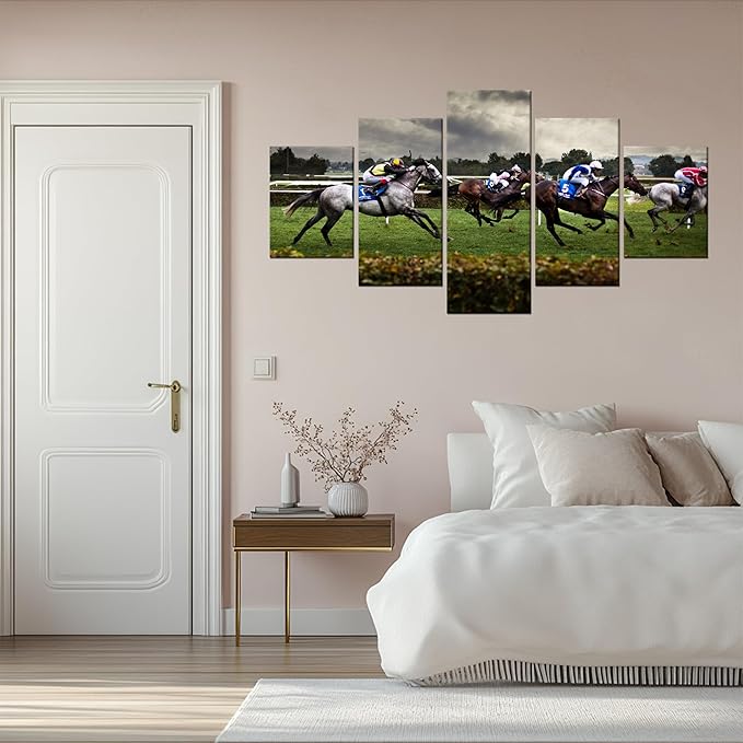 Artbrush Tower Horse Racing Wall Art Modern Pictures for Living Room Artwork Painting Dining Room Decor 5 Panel Canvas Prints Racehorse Poster Bedroom Decoration Framed Ready to Hang(60''Wx32''H)