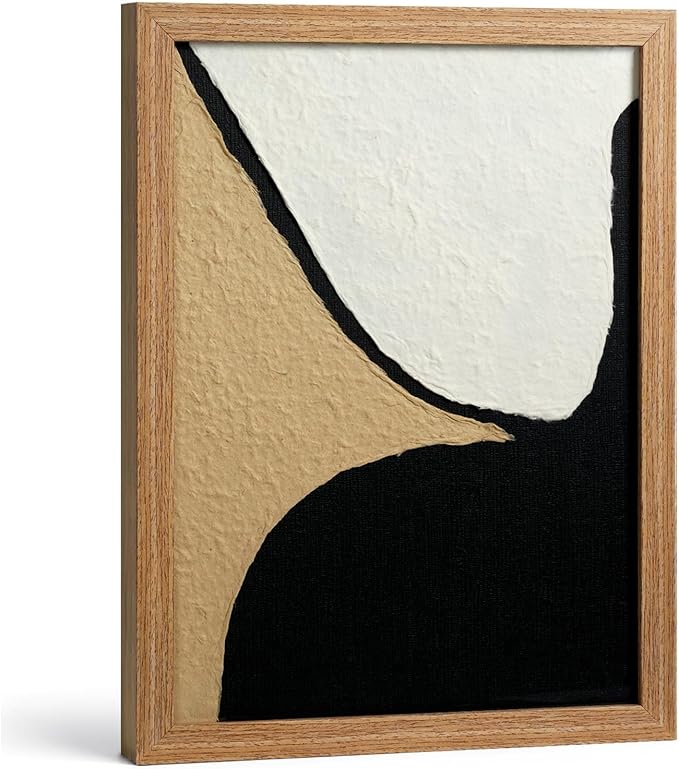 VIYYIEA Framed 3D Textured Wall Art, Handmade Paper Artwork,12x16inch, Modern Minimalist Neutral Decor for Living Room Bedroom Shelf, Black White Beige Abstract Picture