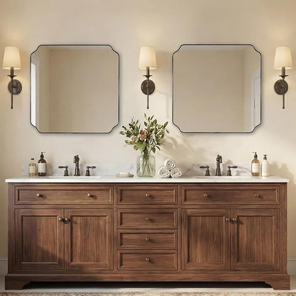 ANDY STAR 24x24 Inch Square Mirror, Matte Black Vanity Mirror, Modern Scalloped Bathroom Mirror in Premium Stainless Steel Thin Frame, Unique Rounded Notched Corners