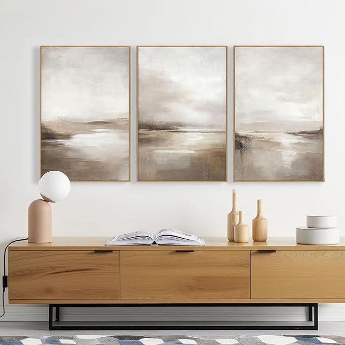 SAFERRYHOME Neutral Abstract Wall Art - Minimalist Framed Canvas Print Set, Landscape Shapes Abstract Illustrations Modern Nordic Calm Decor for Living Room, Bedroom, Bathroom - 3 Panels 24x36 Inch