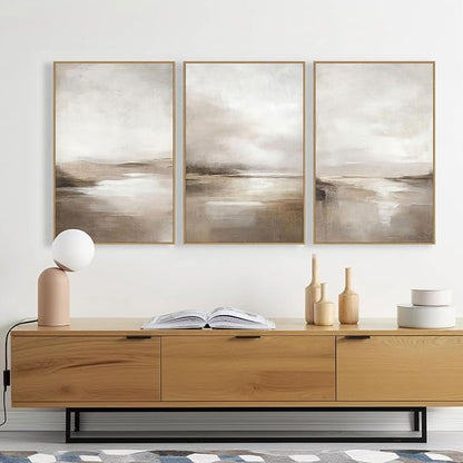 SAFERRYHOME Neutral Abstract Wall Art - Minimalist Framed Canvas Print Set, Landscape Shapes Abstract Illustrations Modern Nordic Calm Decor for Living Room, Bedroom, Bathroom - 3 Panels 24x36 Inch