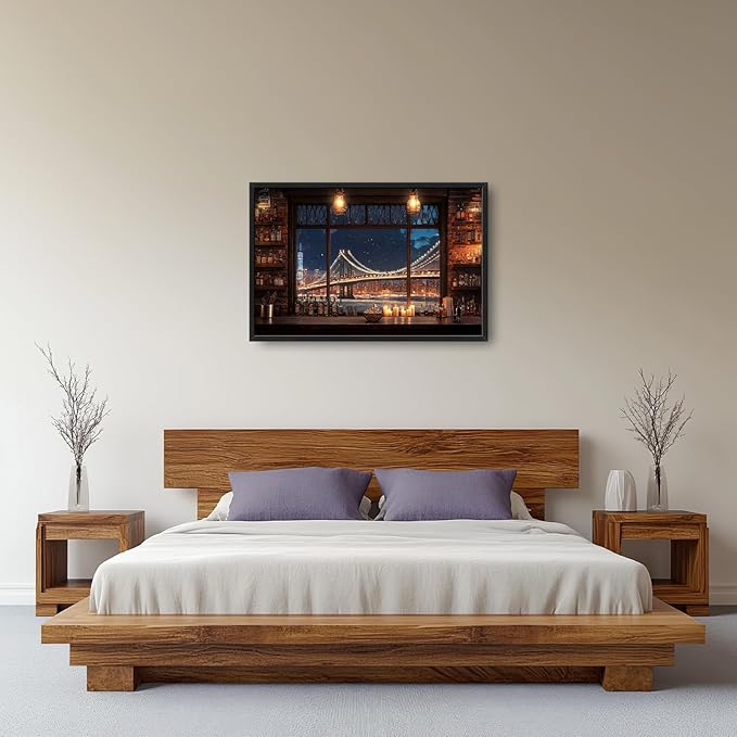 Brooklyn Bridge Large Wall Art for Living Room New York Nighttime Skyline Landscape Framed Pictures Canvas Decor City Prints Painting Extra Large Modern Artwork for Bedroom Office Kitchen 24"x36"